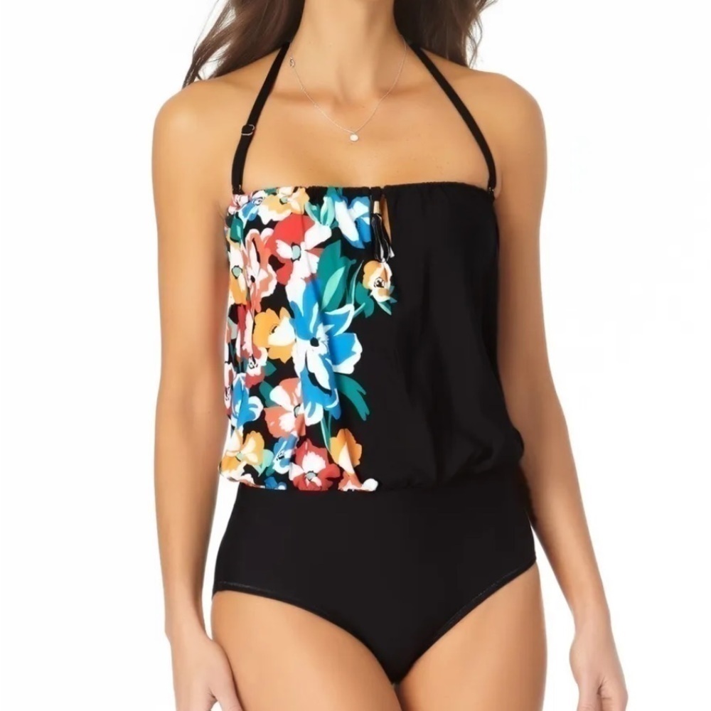 ANNE COLE Women's Black Keyhole Bandeau One Piece Swimsuit